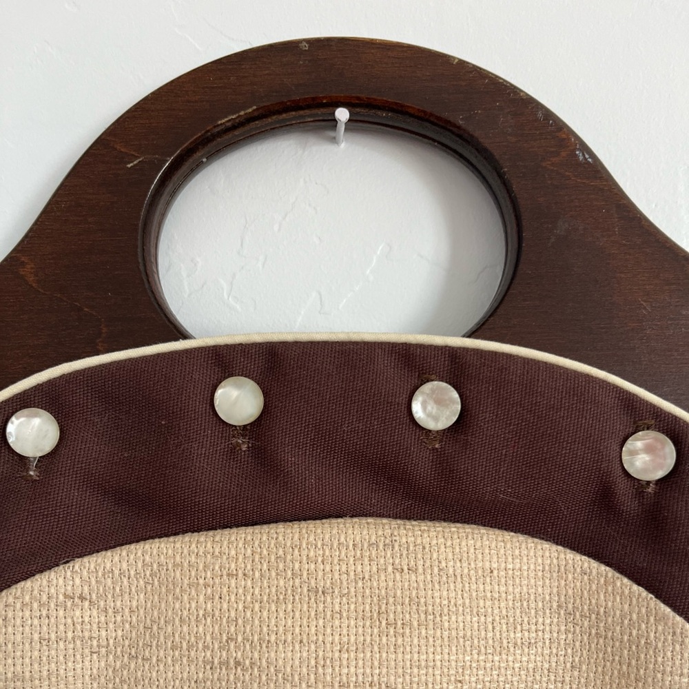 Brown and Cream Women's Tote Bag with Wooden Handles - Picture 5 of 9